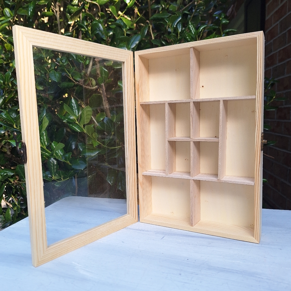 Wood Shadow Box Display Shelf Hinged Glass Lid Clasp Wooden Wall Shelf Curio